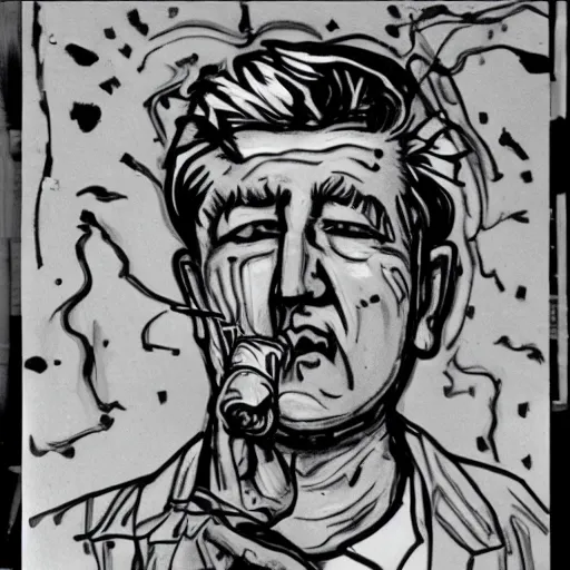 Image similar to woodcutting of david lynch smoking a cigarette, black and white