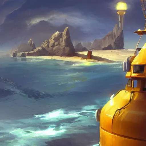 Image similar to submarine painted yellow lifted out of ocean by blue research vessel, golden hour, by tyler edlin, artstation