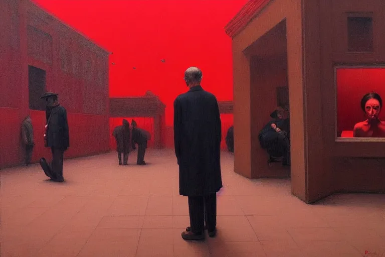 Prompt: only with red, a red old stylish man try to sell a portrait, crowd cheering, in a city square, in the style of beksinski, parts by edward hopper, parts by rodcenko, parts by yue minjun, intricate and epic composition, red by caravaggio, insanely quality, highly detailed, masterpiece, red light, artstation, 4 k