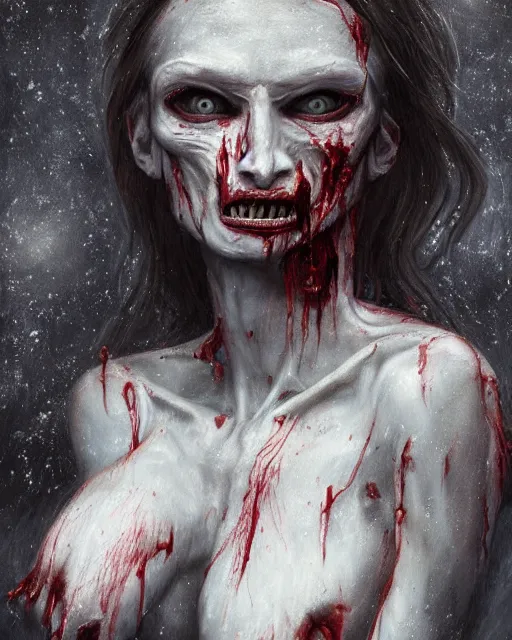 Image similar to Horrifying detailed painting of a pale, emaciated humanoid creature. It has sharp teeth and claws with pale milky eyes; snow, woods, blood; dark cinematic lighting, hyper detailed, moody; painted by Greg Rukowtski, trending on Artstation