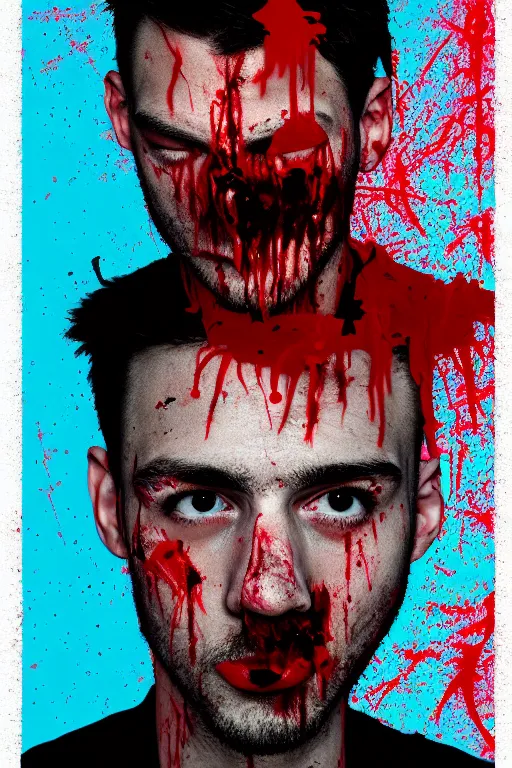 Prompt: guy covered with blood in his face - aesthetic, 4 k, comfort posse, acrylic paint style, pencil style, torn cosmo magazine style, pop art style, ultrarealism, by mike swiderek, jorge lacera, ben lo, tyler west