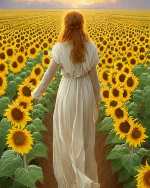 Image similar to a girl slowly walking through amazing tall sunflower field, hair flowing, early morning lightning, bad weather approaching, oil on canvas, artstation, by j. c. leyendecker and edmund blair leighton and charlie bowater, beautiful face, octane, very aesthetic!!!!!!!!!!!!!!!