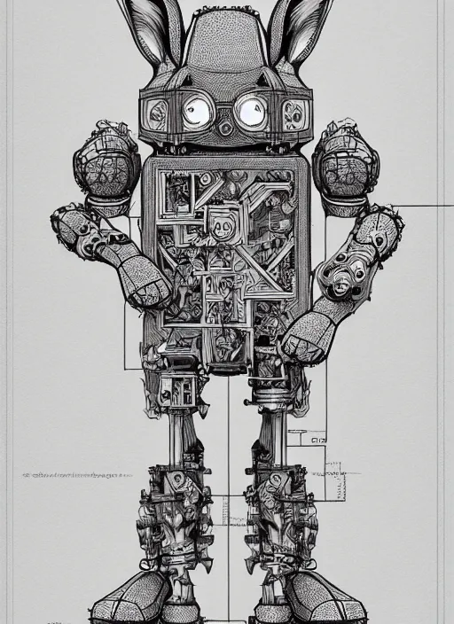 Prompt: full page scan of detailed concept art of very technical and detailed blueprint of a rabbit wood robot, intricate details, ultra - detailed, baroque style, illustration, desaturated, concept art, ornate symbolic border