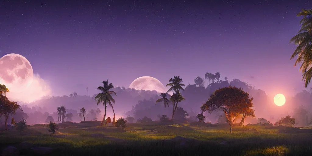 Prompt: Lively moonlit landscape of a kerala village, realistic detailed digital art by Maxwell Boas Jessica Rossier Christian Dimitrov Anton Fadeev trending on Artstation CGSociety rendered in Unreal Engine 4k HQ