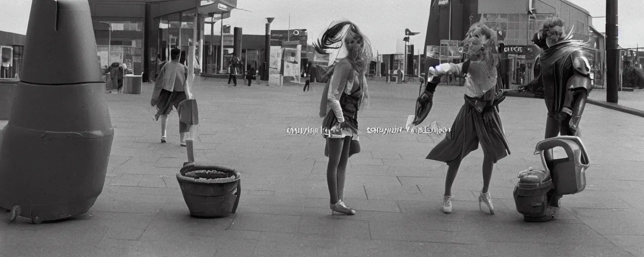 Prompt: Elden Ring:Liverpool 1980 a young woman tries to sneak past a giant dustbin knight outside Belle Vale Shopping Centre high quality professional photo AP PHOTOS