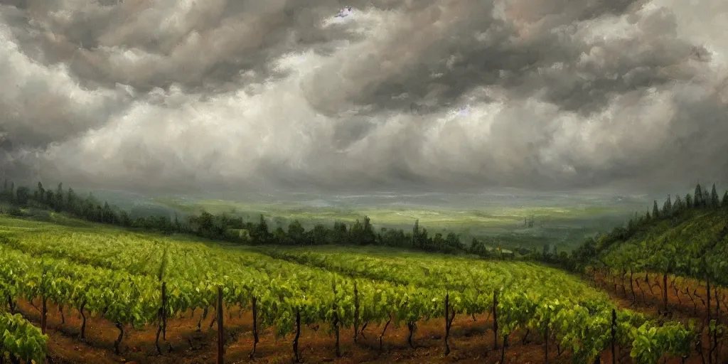 Prompt: a beautiful landscape painting of a sprawling vista with vineyards, raining, storm clouds, by zohar flax, oil on canvas, highly detailed, hd, 4 k