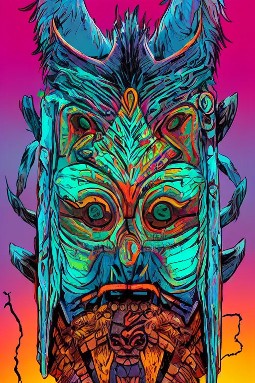 Image similar to totem animal tribal chaman vodoo mask feather gemstone plant wood rock video game illustration vivid color borderlands by josan gonzales and dan mumford radiating a glowing aura