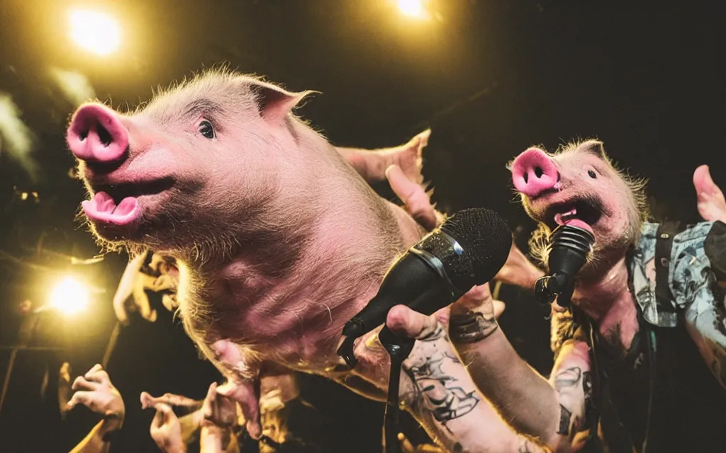 Image similar to a pig screaming on the microphone in a grindcore show