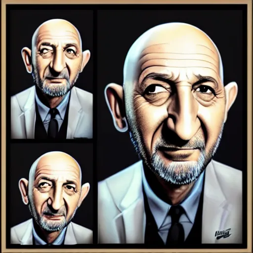 Prompt: ben kingsley is an ice cream ball in an ice cream cone. caricature, colorful ink, by artgerm