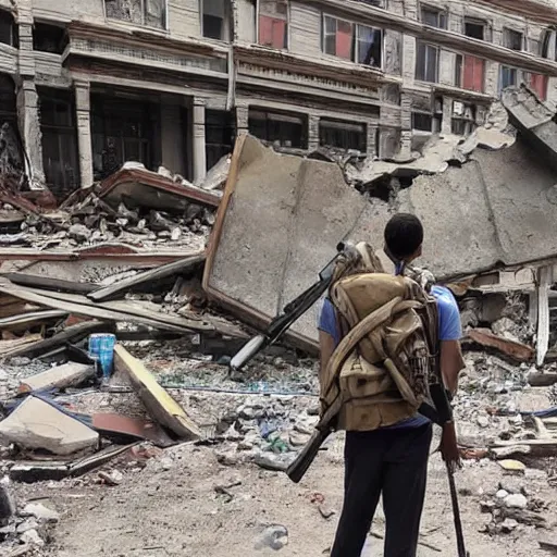 Prompt: still image of a man wearing a full backpack on his back, holding an old rifle in his right hand looking at an old demolished statue with a head missing, post apocalyptic, dark