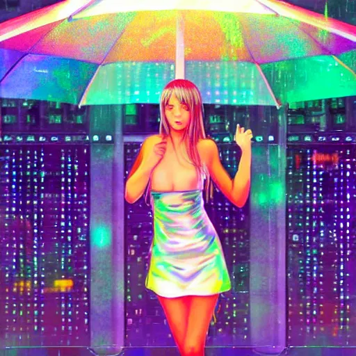 Prompt: hyperdetailed realistic digital painting of a beautiful wet girl wearing a short skirt in the rain interacting with a holographic interface on a wall in a future cyber punk style city trending on art station