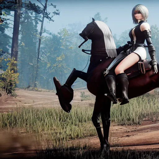 Image similar to Film still of 2B nier automata wearing skintight clothes riding a horse, from Red Dead Redemption 2 (2018 video game), trending on artstation, artstationHD, artstationHQ