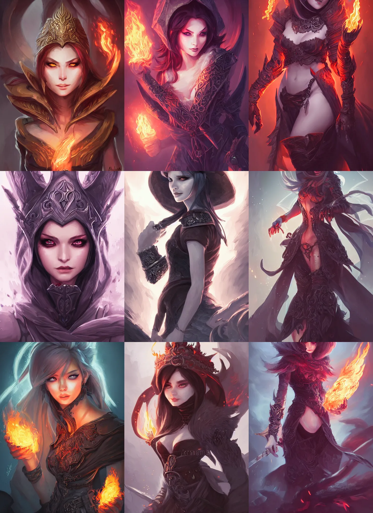 Prompt: portrait of a mix between necromancer and pyromancer, female, high fantasy, dnd, highly detailed, smooth, sharp focus, digital illustration, by artgem, rossdraws, sakimichan