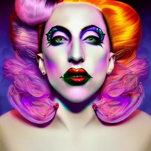 Image similar to an extremely psychedelic portrait of lady gaga as marilyn manson, surreal, lsd, face, detailed, intricate, elegant, lithe, highly detailed, digital painting, artstation, concept art, smooth, sharp focus, illustration,