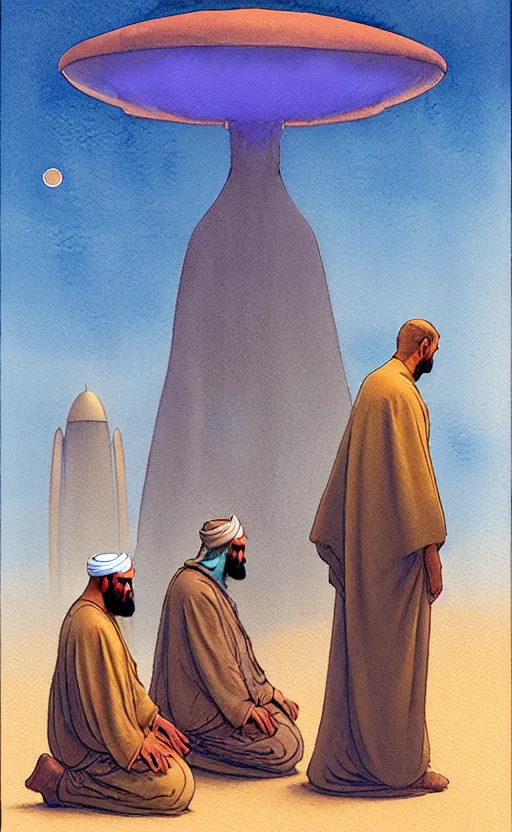 Prompt: a hyperrealist watercolour character concept art portrait of a group of middle eastern men kneeling down in prayer in front of a 1 2 ft. thin alien on a misty night in the desert. a ufo is in the background. by rebecca guay, michael kaluta, charles vess and jean moebius giraud
