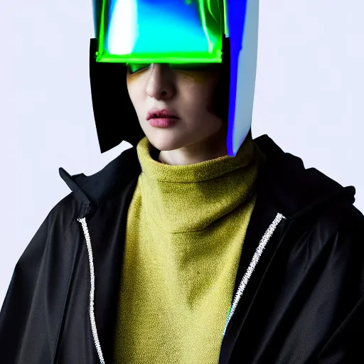 Image similar to an ultra high definition professional studio quality photograph of an artificially intelligent cyberpunk art influencer wearing a transparent iridescent pastel coloured face visor and matching ribbed raincoat on white coat hook in a sheer icelandic black rock environment. dramatic lighting. volumetric shadows. light rays