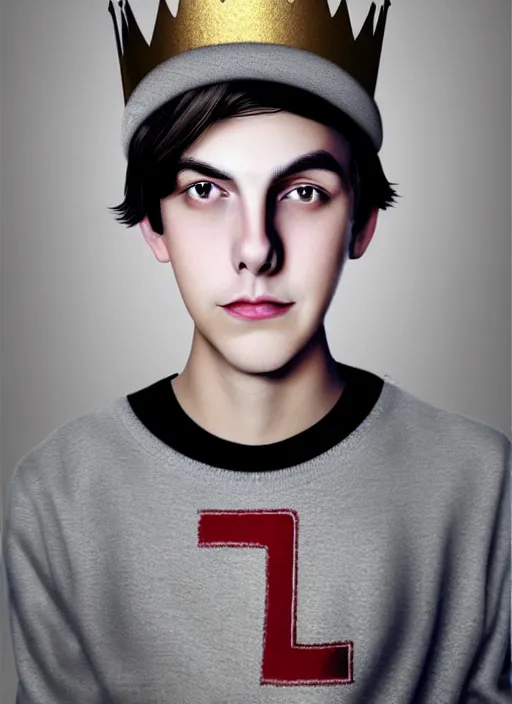 Image similar to portrait of teenage jughead jones wearing a light grey crown, photorealistic, crown, eyes closed, crown, black hair, sweater with letter s on it, letter s, intricate, elegant, glowing lights, highly detailed, digital painting, artstation, concept art, smooth, sharp focus, illustration, art by wlop, mars ravelo and greg rutkowski