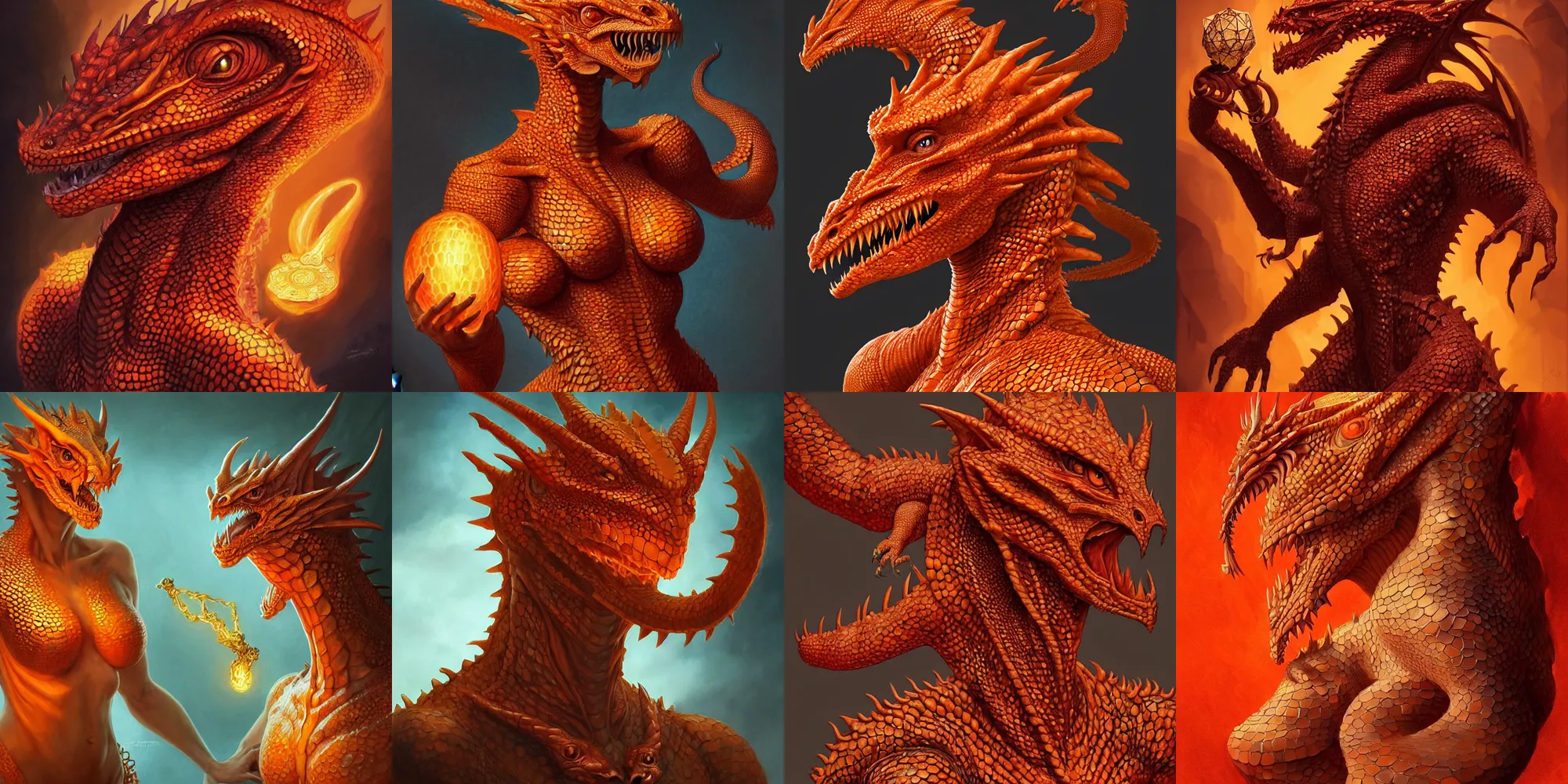 Prompt: “portrait of a scaly orange female humanoid dragon (human body with scales instead of skin and the head of a dragon) sorcerer casting a spell, D&D character, highly detailed, digital fantasy character painted portrait, artstation, concept art, sharp focus, illustration, art by artgerm and greg rutkowski and alphonse mucha and craig mullins and James Jean and Andrei Riabovitchev and Marc Simonetti and peter mohrbacher”
