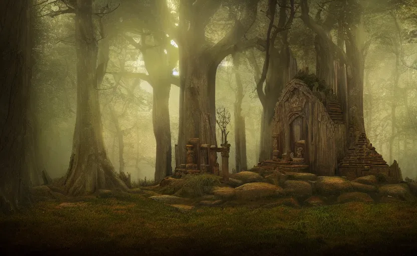 Prompt: incredible interior artwork shot of a wooden druid's temple in the forest, dusk, light fog, digital art, 4k