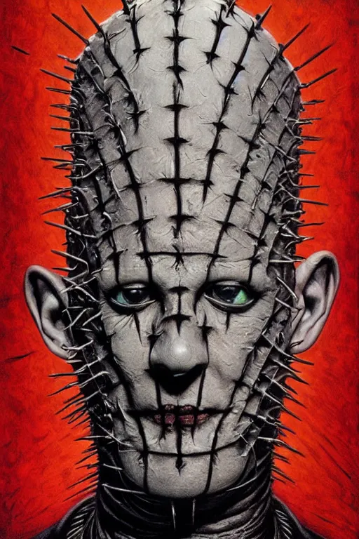 Image similar to highly detailed portrait of pinhead from hellraiser by alex grey, patrick woodroffe, mark ryden created by gustave dore and greg rutkowski, high detailed, smooth draw, synthwave neon retro, intricate, realistic proportions, dramatic lighting, trending on artstation