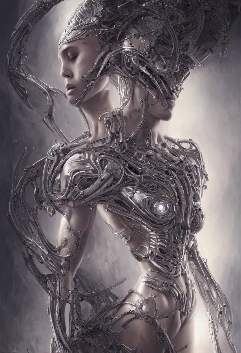 Image similar to beautiful white cyborg goddess, by william - adolphe bouguereaum artgerm and hr giger and zdzislaw beksinski, matte painting, hyperdetailed, symmetry, art nouveau, beautiful render, concept art