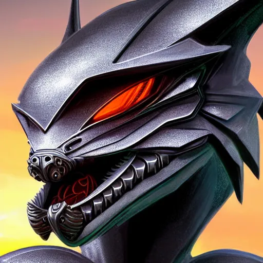 Image similar to close up bust of a cute stunning robot anthropomorphic female dragon, with sleek silver armor, a black OLED visor over the eyes, looking at the camera, her dragon maw open in front of the camera, camera looking down into the detailed living maw, about to consume you, on the beach at sunset, highly detailed digital art, furry art, anthro art, sci fi, warframe art, destiny art, high quality, 3D realistic, mawshot, dragon art, Furaffinity, Deviantart