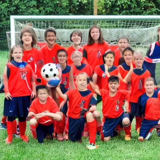 Prompt: a kids soccer team photo where one of the kids is a chimpanzee