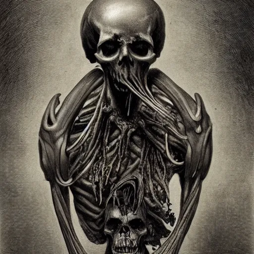 Image similar to a skull with incredibly long sharp teeth, detailed, cgi, dark atmosphere, horror, by gustave dore, by emil melmoth, trippy, epic, symmetrical - h 8 3 3