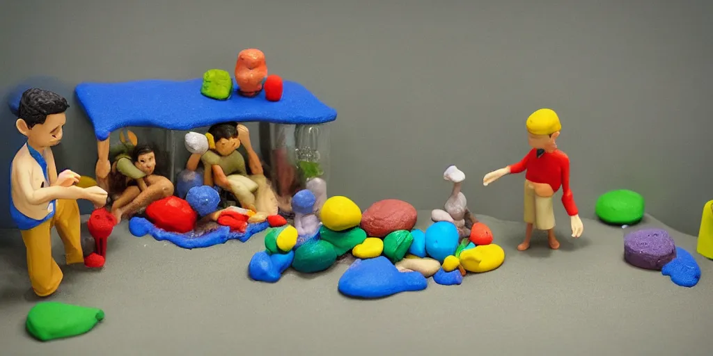 Prompt: plasticine model of stop motion figures clay. tilt shift. bubbles fish tank in waiting room. photorealistic.