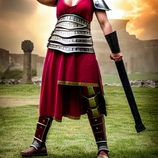 Prompt: full shot photo of a real-life female roman centurion