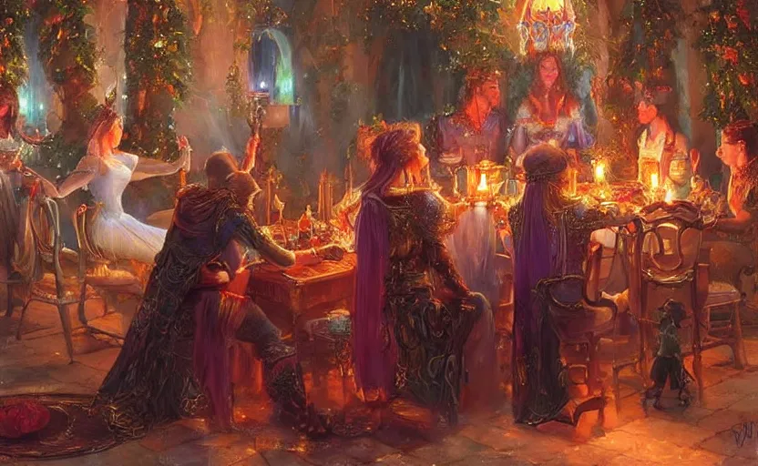 Image similar to The night of the magical ritual of the 5 elven sorcerers. By Konstantin Razumov, highly detailded