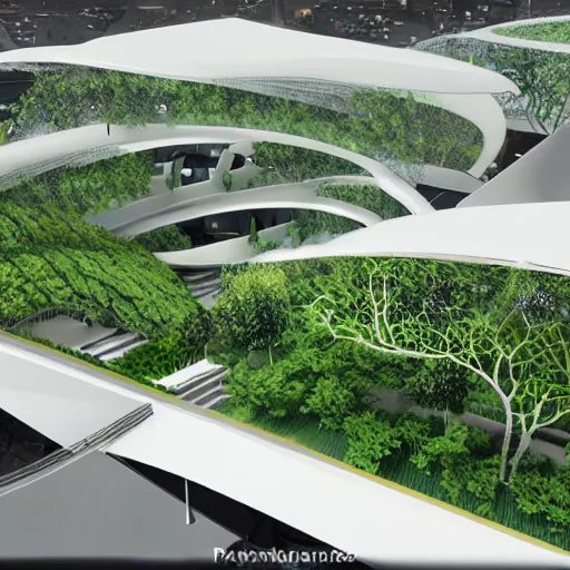 Image similar to futuristic convention centre, ultra modern, photorealistic, organic, forested