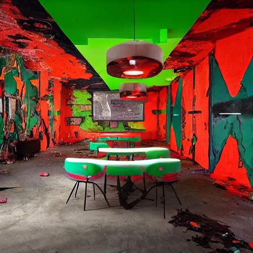 Prompt: dayglo green, taco bell opulent by nacho carbonell. a body art of a room that is wrecked, furniture overturned, belongings strewn about, & debris everywhere. the only thing left intact is a photograph on the wall shows a tidy, well - appointed space, with everything in its place.