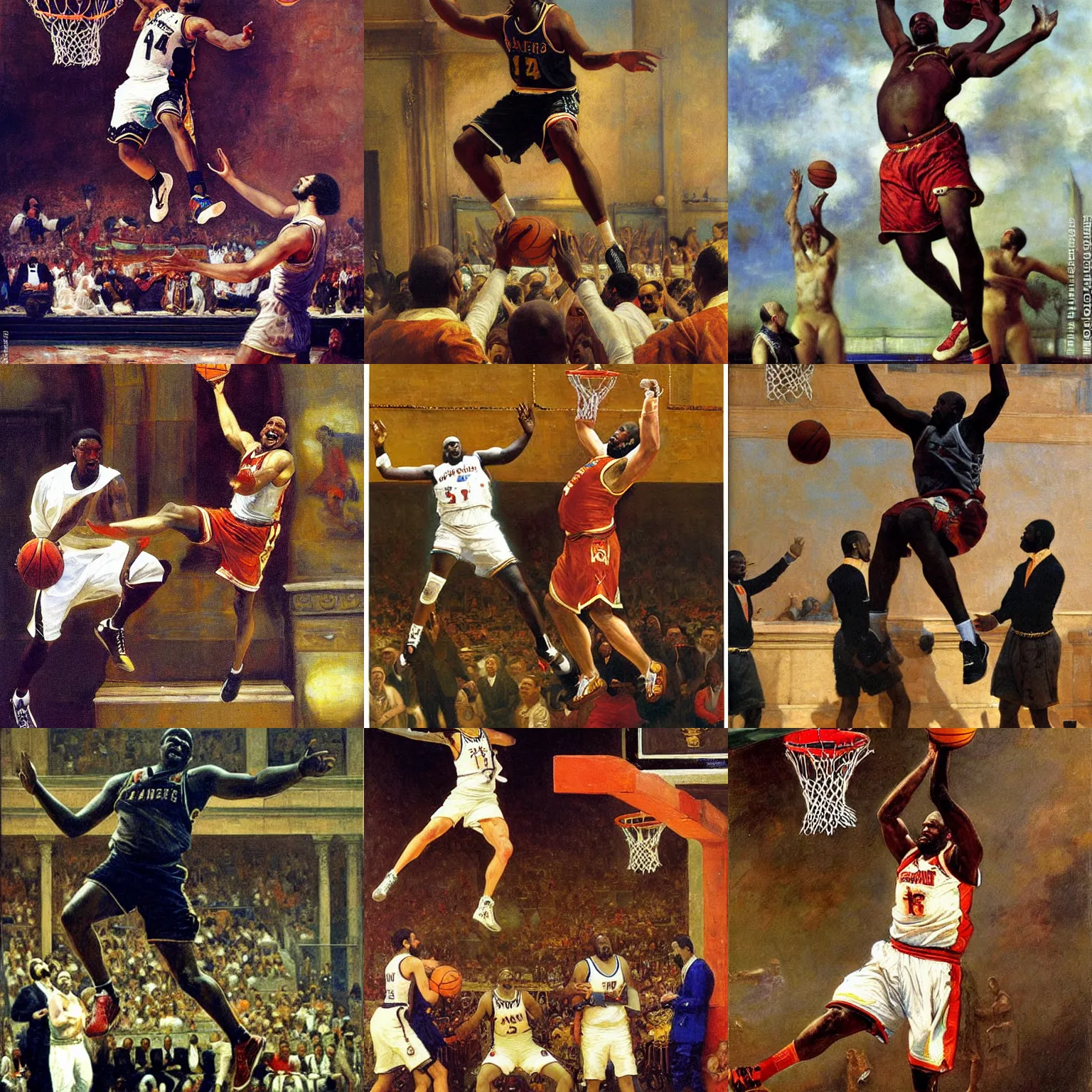 Prompt: detailed painting of shaquille o'neal dunking by rudolf ernst, john frederick lewis, jean - leon gerome, rudolf weisse, david roberts, charles theodore frere, alfred dehodencq, orientalism