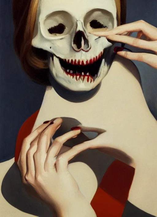 Prompt: portrait of a woman with half face skull, metal teeth upsidedown by Edward Hopper and James Gilleard, highly detailed