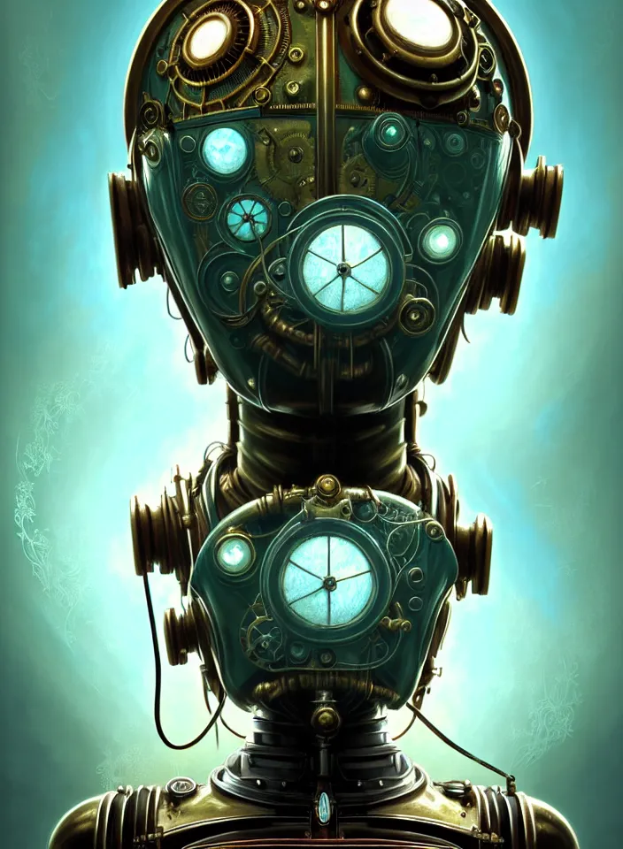 Image similar to symmetry!! portrait of a steampunk robot from bioshock, vintage, iridescent white metal!! underwater atmosphere, intricate, serene, highly detailed, digital painting, artstation, symmetric concept art, smooth, sharp focus, illustration, art by artgerm and greg rutkowski and alphonse mucha, 8 k