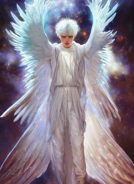 Image similar to harmony of white haired angel yoongi wearing greek clothes, muted colors, sparkles everywhere, big wings, dynamic hair movement, dynamic pose, holographic space, glowing effect, j. c leyendecker, by alan lee, wlop! illustrated by starember, fantasy art by craig mullins