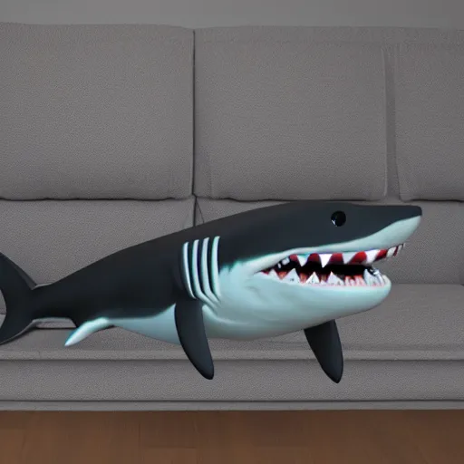 Image similar to realistic 3d render of a shark sitting on the couch watching tv octane cinema 4d