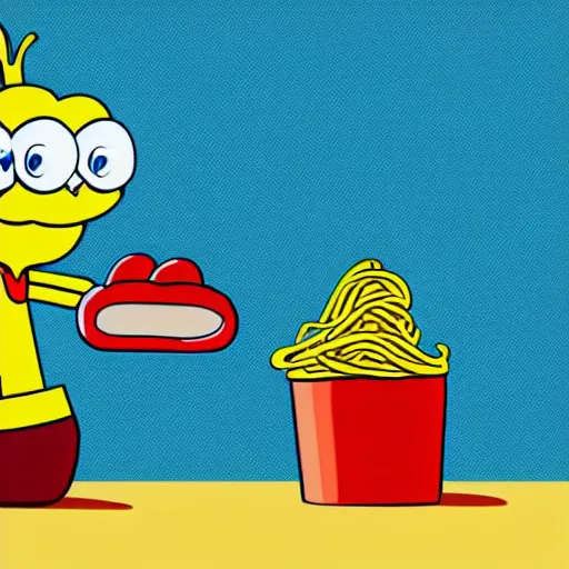 Prompt: the animated spongeboat is eating a hotdog bun, made up of spaghetti, glucose, dieter rams, marble