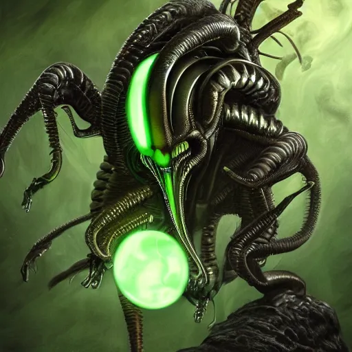 Prompt: xenomorph carrying ovomorph in xenomorph hive, dark, green light, photorealistic