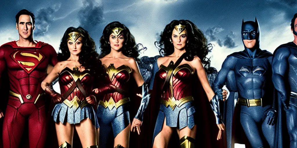 Image similar to DC Justice League with Lynda Carter, Nicolas Cage, Michael Keaton and Wesley Snipes