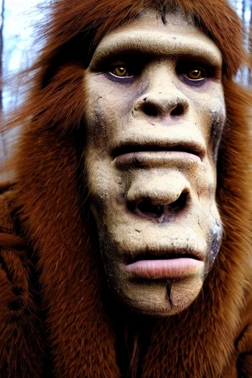 Image similar to a professional portrait photo of a neanderthal woman in the forest in winter, mud on face, black stripe across her eyes, ginger hair and fur, extremely high fidelity, natural lighting, still from the movie quest for fire