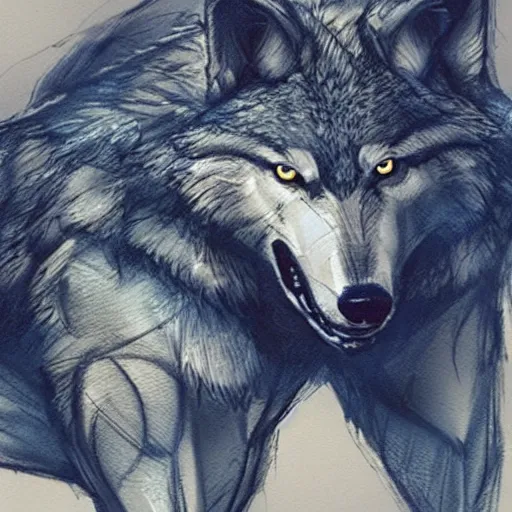 Prompt: a wolf wearing a blue shirt and jeans, Greg Rutkowski, marker