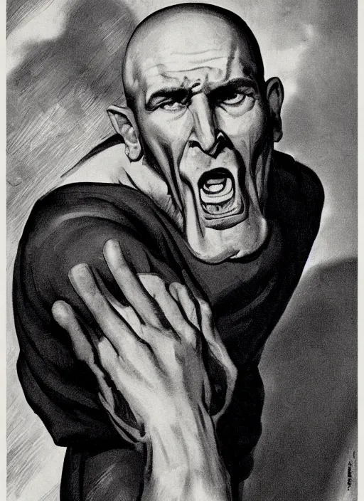 Image similar to portrait of glamorous bald medieval man with big nose and annoyed gesture,look of hate, threatening pose, 1940s propaganda poster, full hd,highly detailed