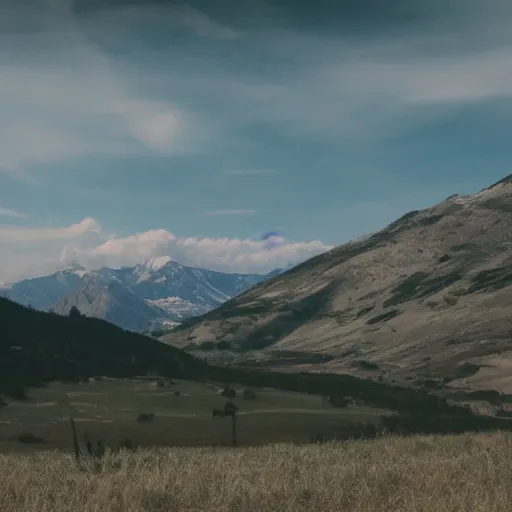 Prompt: cinematic film still of fields and a mountain range