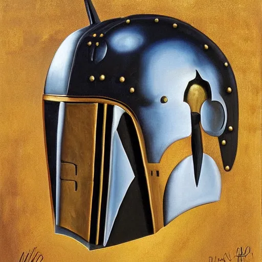 Prompt: Lofi steamPunk portrait mandalorian wearing black and gold plate armor, a surrealist painting by Salvador Dalí