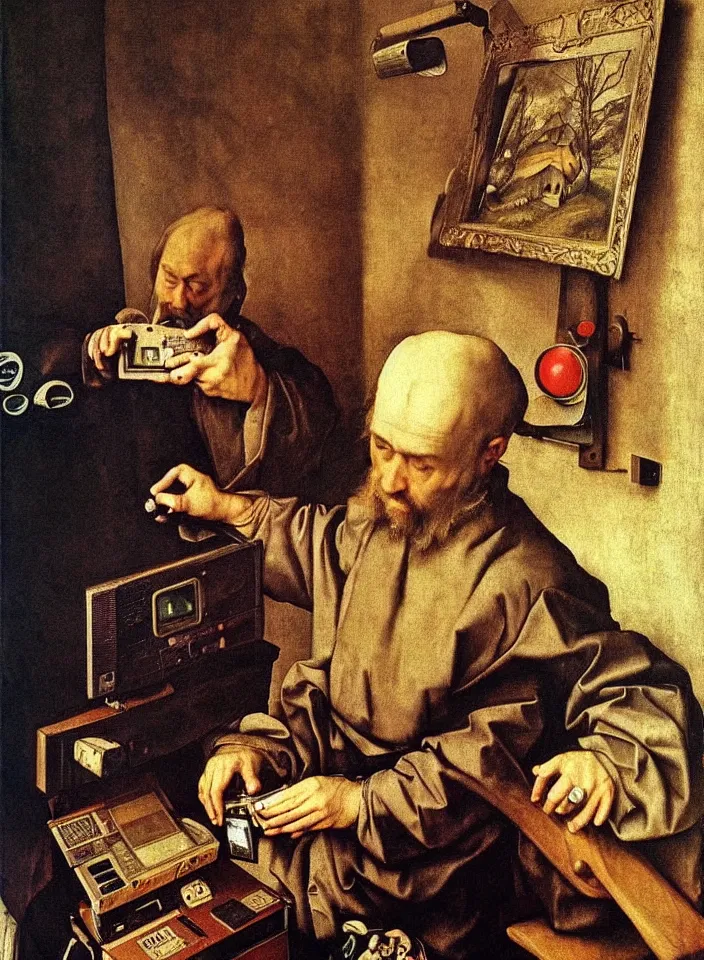 Prompt: Portrait of a man playing Nintendo 64 on a CRT. Painting by Albrecht Dürer. Intricate details. hyper realism. Masterpiece.