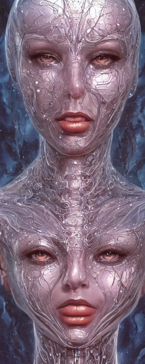 Prompt: a robotic goddess with transparent skin, highly detailed, digital painting, smooth, sharp, beautiful face, expressive eyes, highly intricate, art by Boris Vallejo and H.R. Giger