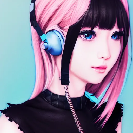 Image similar to realistic detailed semirealism beautiful gorgeous cute Blackpink Lalisa Manoban white hair white cat ears blue eyes, wearing black camisole maid outfit, headphones, black leather choker full HD 4K high resolution quality WLOP, Aztodio, Taejune Kim, Guweiz, Pixiv, Instagram, Artstation