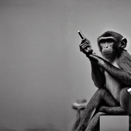 Prompt: a monkey using the telephone in 1800, realistic, 35mm photograph